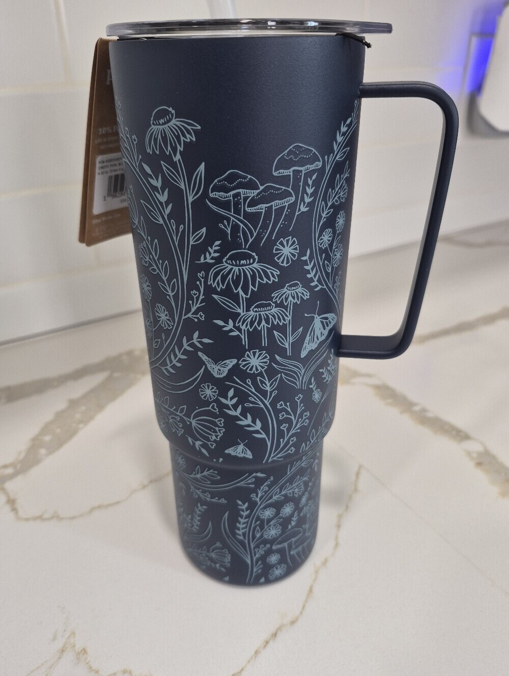 Life Is Good Tidal Blue Travel Tumbler with Tonal Wildflower Meadow has  Handle